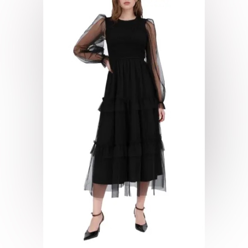 August Sky Tulle Smocked Bodice Sheer Long Sleeves Dress Medium Ruffle Tiered